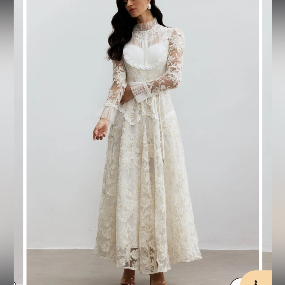 Elegant White Lace Maxi Dress with High Neck